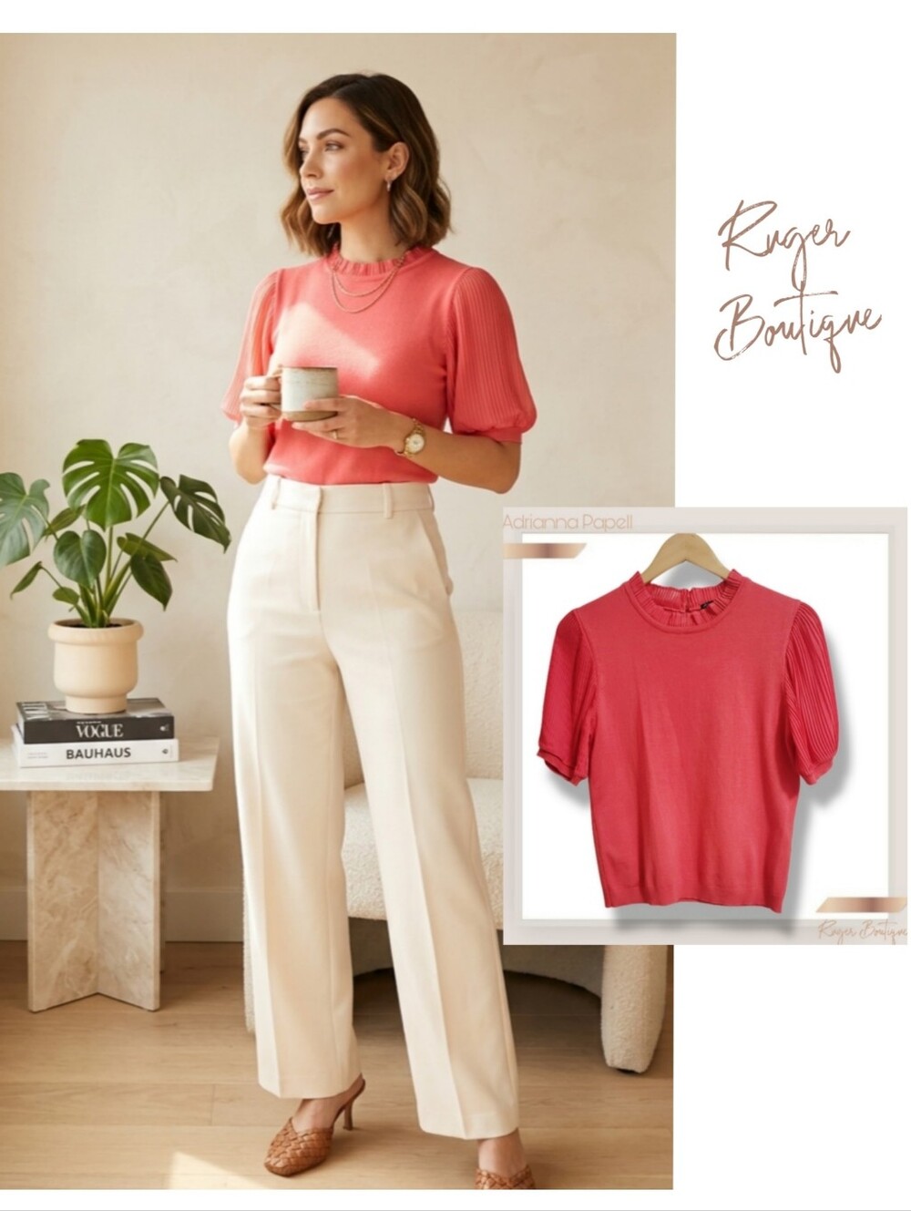 🌿Adrianna Papell Coral Pink Knit Top Small Sheer Puff Sleeve Mock Neck